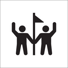 Two people holding flag icon. Success cooperation icon. Icon symbol of win, victory, achievement, reward, prize. Vector illustration