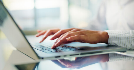 Hands, typing and laptop at office for review, proposal and report for finance at corporate agency....