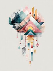 Mindset design geometric mind map with creative arrows expanding outward in smooth pastel tones