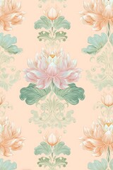 Minimal clipart design with lotus flowers, pastel peach, lilac, and sage green, hand-drawn watercolor look, ornate and symmetrical, flat layout, soft texture