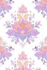 Minimal clipart design with lotus flowers, pastel peach, lilac, and sage green, hand-drawn watercolor look, ornate and symmetrical, flat layout, soft texture