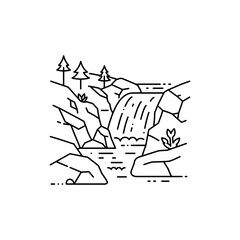 River Tumbling Over Cascade Rocks Black Line Icon