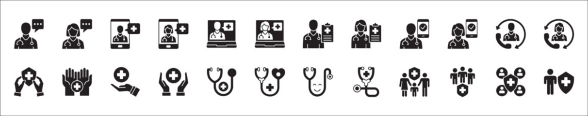 Healthcare icon set. Doctor digital consulting icon. Icon set contains hospital, doctor, consultation, clinic, stethoscope, nurse, health insurance, family, emergency, service. Vector illustration.