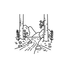 Black Lined Icon of Stream in Full Bloom Forest – Spring Woodland Theme