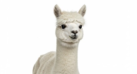 Fototapeta premium Fluffy white alpaca stares gently against bright white background. AI Generated