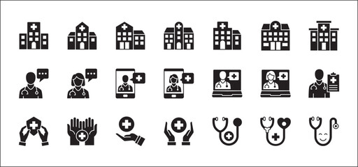 Healthcare icon set. Doctor and hospital icon collection. Icon set contains hospital, doctor, consultation, clinic, stethoscope, nurse, health insurance, family, emergency. Vector illustration.