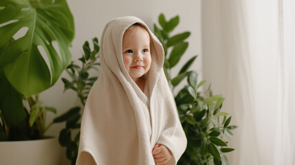 Adorable toddler wrapped in a natural linen towel, smiling after a bath, surrounded by green plants. Sense of comfort, purity, and spa-like freshness, ideal for baby care and natural living themes.