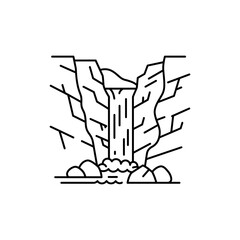 Black Lined Icon of Waterfall in Narrow Canyon &ndash; Vertical Gorge Theme