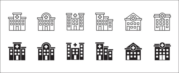 Hospital building icon set. Hospital and healthcare icon collection. Icon symbol of hospital buildings, medical house, medic, clinic, digital healthcare. Vector illustration