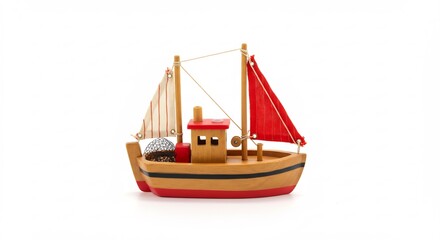 Charming handcrafted wooden sailboat model boasts vibrant red sail against bright background. AI Generated
