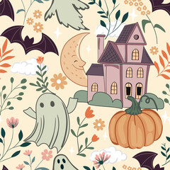 halloween spooky house illustration vector seamless pattern for fabric and other printing purpose