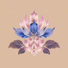 A simple illustration of a flower in pastel pink, pastel blue, and lavender colors on a light brown background