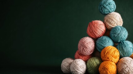 Colorful Balls of Yarn Piled Together on Dark Green Background for Crafting and Knitting Projects