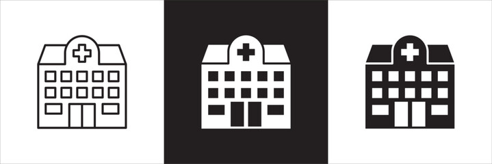 Hospital icon. Healthcare icon. Icon symbol of clinic, health center, hospital building, red cross, medication place. Vector illustration. Thin line and flat solid design.