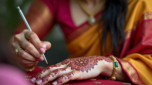 Indian woman applying henna mehndi design on her hands, colorful henna designs for festival, traditional Indian jewelry reflecting the beauty of Indian culture and art
