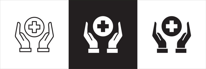 Healthcare icon set. Digital health care icon. Hands with cross medic symbol. Health insurance symbol. Icon symbol compatible for doctor, clinic, hospital, medical consultation. Vector illustration.