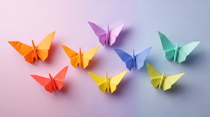 Rainbow origami paper, BUTTERFLY shapes, isolated on plain pastel light background.