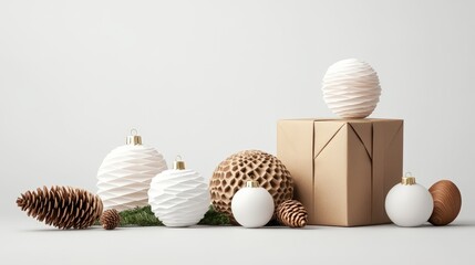 Simple Modern Minimalist Holiday Decor with Natural Elements and Elegant White and Brown Ornaments