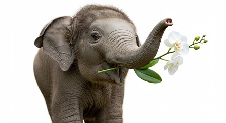 Obraz premium Adorable baby elephant playfully holds delicate white orchid. AI Generated