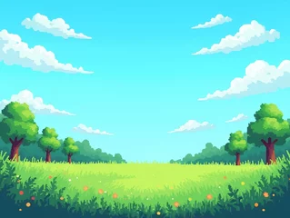 Gordijnen A vibrant pixel art landscape featuring lush green grass, trees, and a bright blue sky filled with fluffy clouds, evoking a classic video game scene. © Alon