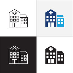 Healthcare icon. Hospital icon. Icon symbol of clinic, health center, hospital building, red cross, medication place. Vector illustration. Thin line and flat solid design.