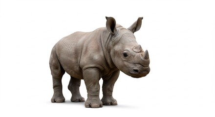 Obraz premium Young rhino stands gracefully against bright white background. AI Generated