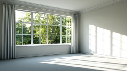 Fototapeta premium Bright spacious empty room with large window overlooking green trees casting sunlight shadows inside