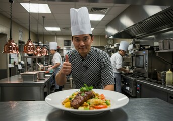 Chef giving thumbs up with plated dish