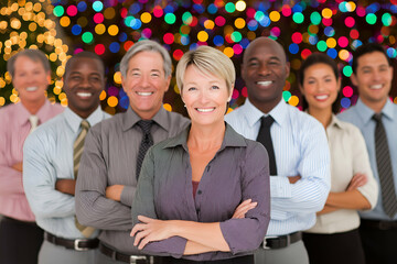 Diverse Business Team Smiling with Arms Crossed in Festive Holiday Setting, motion blur Business concept, motion bokeh background