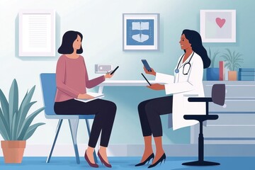 Doctor provides telehealth advice to a mature woman during a virtual consultation in a modern office setting, doctor advising a mature woman on video communication