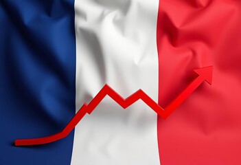 French flag background, downward red arrow graph depicting economic recession, crisis, graph