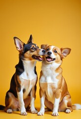 Two joyful dogs sharing a special moment of affection and friendship on a bright yellow background