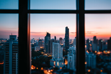 Cityscape at Dusk Framed by Window Offering High Angle View, motion blur Business concept, motion bokeh background