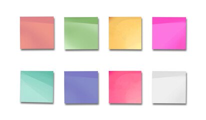 Colorful sticky notes collection on white background with realistic shadow and paper curl, assorted pastel square memo pads for office, school, and planning design isolated in minimal layout