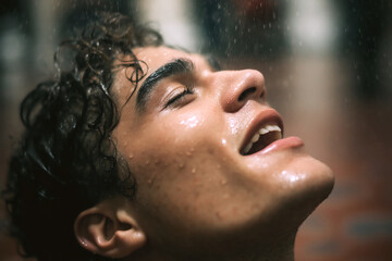 screaming face of a young man masturbating to orgasm on a shower cabin. Concept of male sex and self-satisfaction