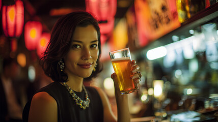 居酒屋で乾杯する女性ビジネスマン