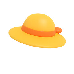 Fototapeta premium Hat with orange ribbon and wide brim in 3d cartoon summer style, isolated on white background