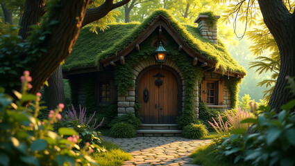 Obraz premium Enchanting Fairytale Cottage with Moss-Covered Roof and Ivy-Clad Walls, Featuring a Warmly Lit Lantern and Stone Path, Nestled in a Lush Green Forest, Evoking Whimsy and Seclusion.