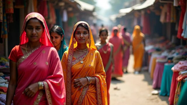 Indian women in traditional sari on street in India in village, out of focus,
