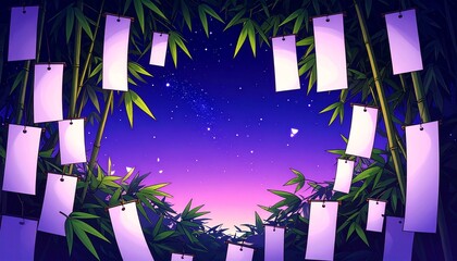 無数の 短冊と笹の葉、七夕を感じさせる幻想的な背景画像　 Generated by AI	
