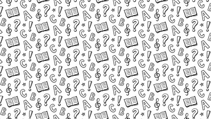 Seamless pattern with letters abc musical notes question and exclamation marks and books in black and white
