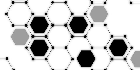 Abstract vector design with interconnected black-outlined hexagons. Honeycomb-like pattern on white and Small, solid black circular. Geometric layout with futuristic, scientific, and technological 