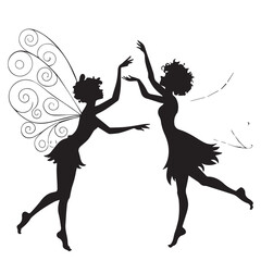 Two silhouettes of fairies dancing gracefully