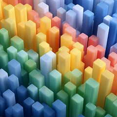 Top down view with a slight angle, sea of cylinders of vibrant rainbow colors bars, photo realistic