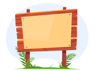 Wooden bulletin board with clear yellow paper. Outdoor signboard. Empty page attached at wood signage. Road timber pointer. Hardwood guidepost. Game panel. Vector old street banner frame
