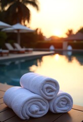 Obraz premium Folded White Towels By The Poolside, Tranquil Spa And Relaxation Concept At Sunset