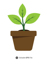 Brown Potted Plant with Three Green Leaves Simple Illustration