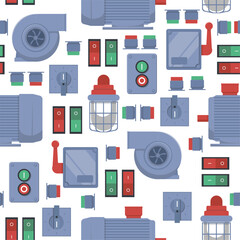 Fototapeta premium Electrical mechanisms seamless pattern. Motor equipment. Lever switch. Engine buttons. Repeated print. Industrial fan and lamp. Compressor technology. Machinery toggle. Vector background