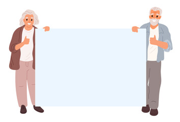 Elderly man and woman hold blank banner in hand for text. Senior couple standing with placard. Activists showing rectangular billboard. Grandparents presenting poster. Vector background
