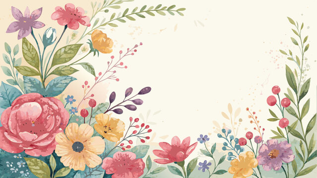 Vector floral border background with soft flowers and leaves in bright colors framing the edges, representing growth and optimism, warm and inviting with gentle curves with copy space  